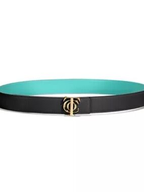 Tiffany & Co. Black Belt with Gold Interlocking Emblem and Turquoise Lining